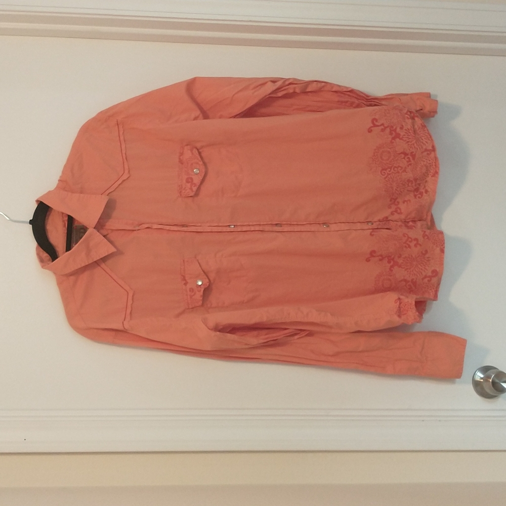 Vintage red orange pearl snap button down western shirt